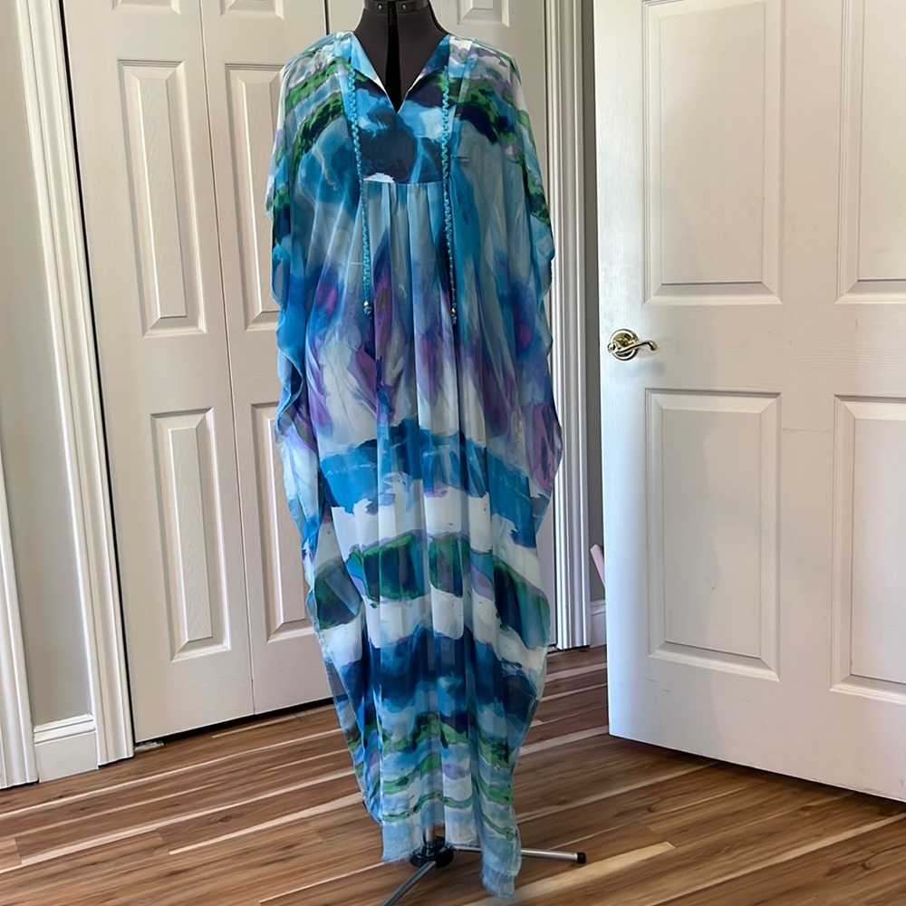Handmade watercolor chiffon caftan, shades of blue, purple, green.  L or XL